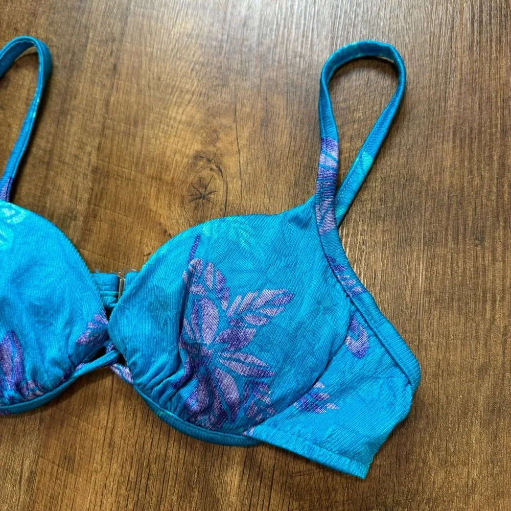 Vtg Athena Shimmer Floral Bikini Top Sz 10 Turquoise Blue Beach Resort